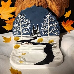 Vtg Winter Trees Stream Snow Scene Lamp Accent Light Ceramic Rustic Cabin Snowy